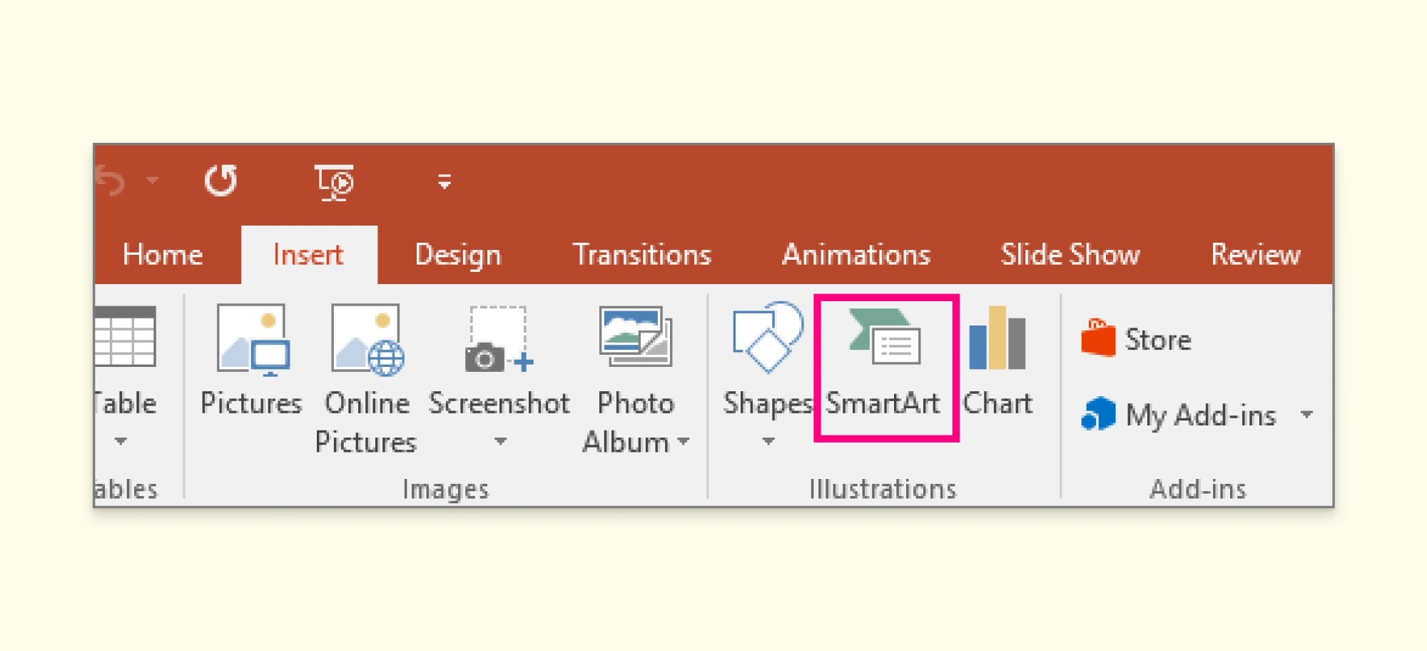 Screenshot of inserting SmartArt in Excel