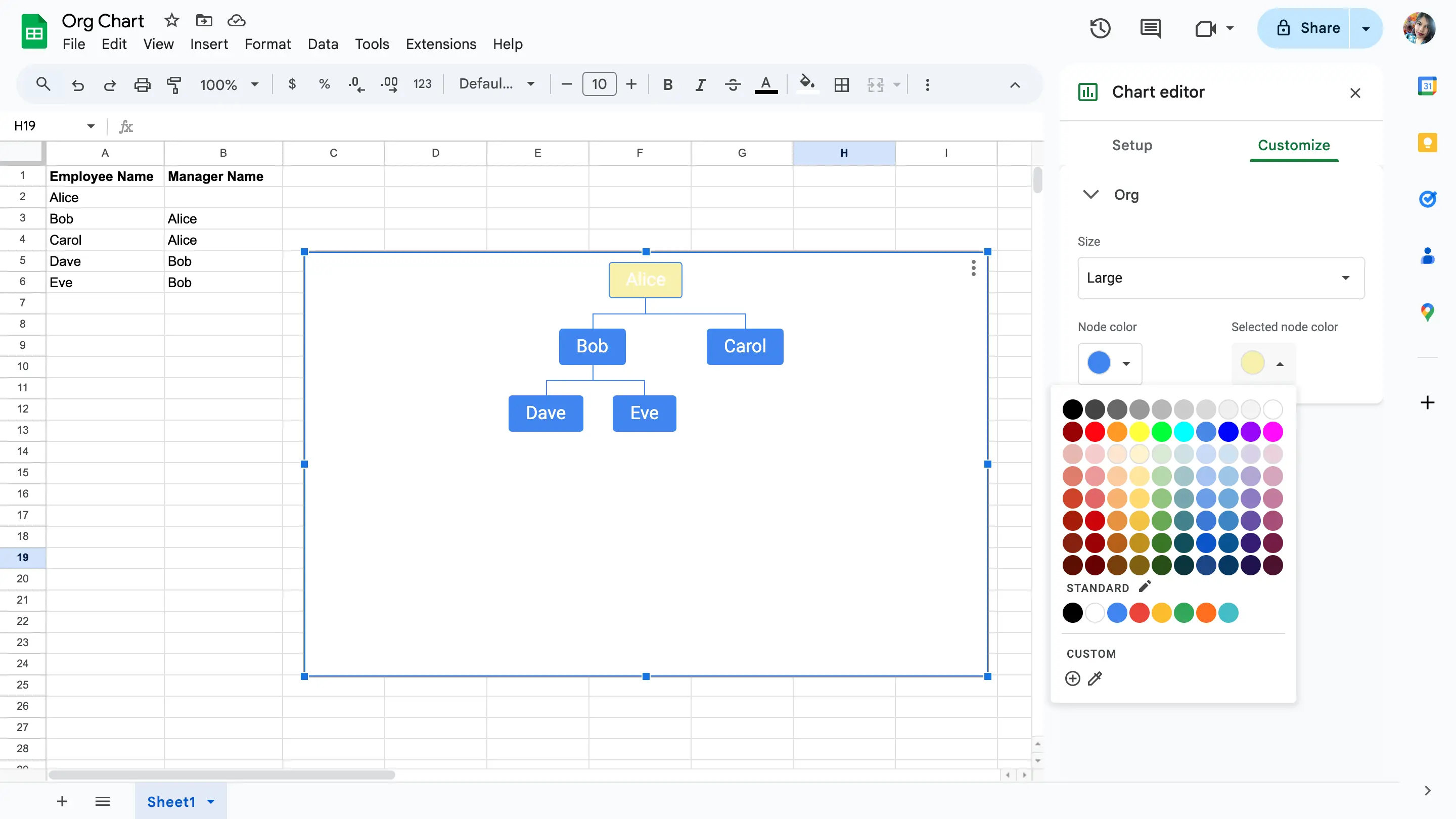 Modify appearance of the org chart - how to make an org chart in google sheets