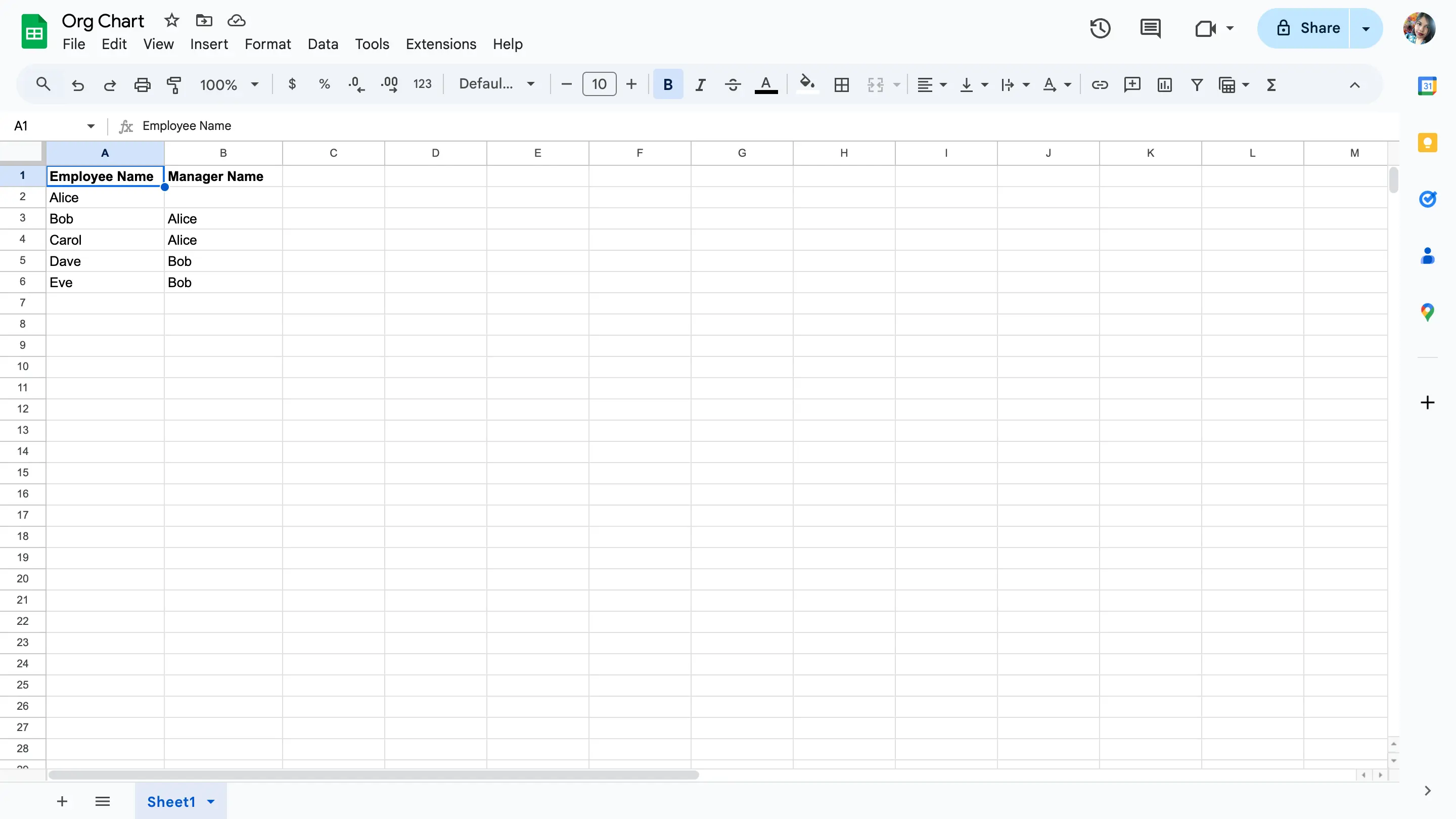 Enter employee information - how to make an org chart in google sheets