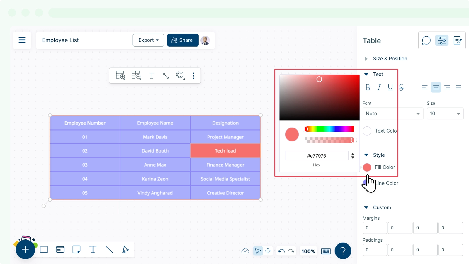 Add Color to Table Cell Using Shapes Properties